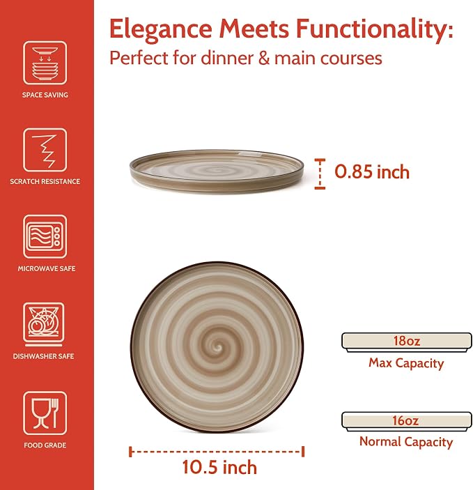 Sweese 10.5 Inch Porcelain Dinner Plates Set of 6, Gradient High Edge Dish Set - Image 3