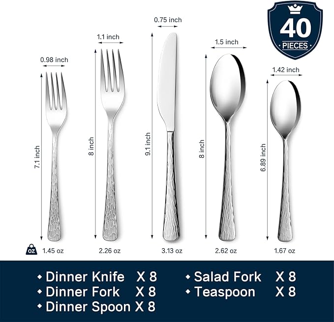 Silverware Set for 8, 40 Piece Flatware Set, 18/10 Stainless Steel | Hammered - Image 2
