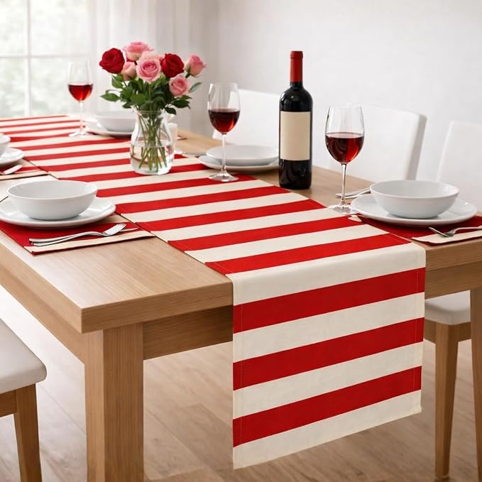 Folkulture Fall Table Runner 14*108 Inches Long | Red & White Striped | Table by FOLKULTURE