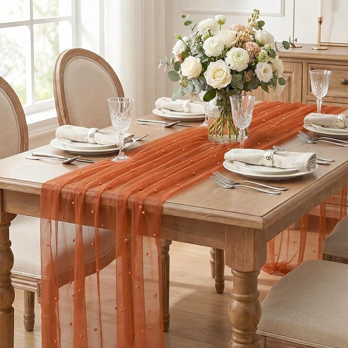 Artoid Mode Pearl Terrcotta Gauze Table Runner 120 Inch 10FT, Seasonal Sheer - Image 4