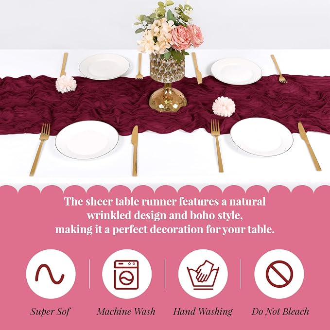 3 Pack Burgundy Cheesecloth Table Runner, 17 x 108 Inch, Gauze Cheese Cloth - Image 5