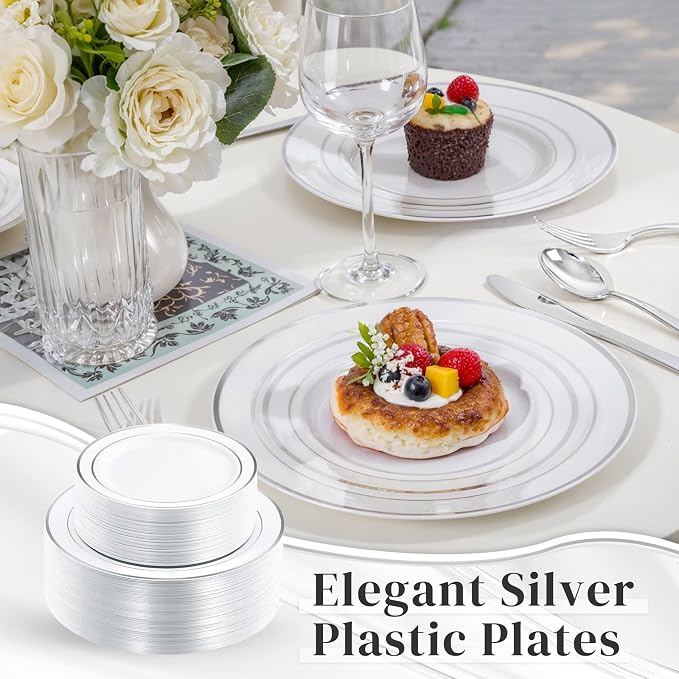 120PCS Plastic Plates White Silver Rim - Image 2