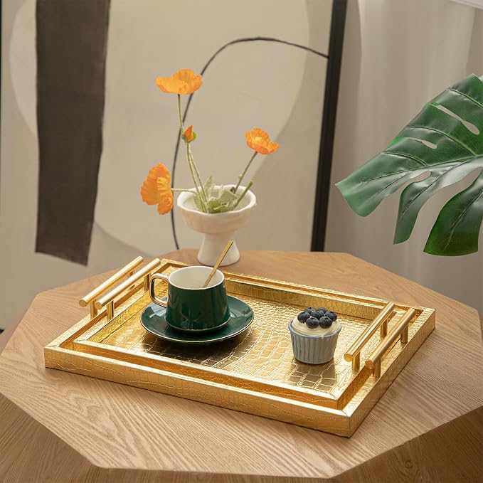 Set of 2 Modern Elegant Large Wood Serving Tray, Rectangle Decorative Tray - Image 2