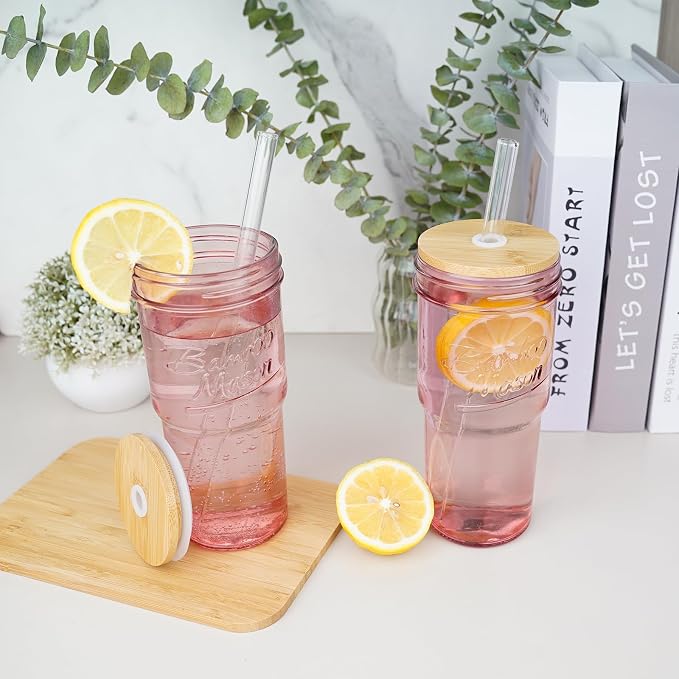 ANOTION Glass Cups with Lids and Straws, 24oz Pink Glass Tumbler Travel Coffee - Image 7
