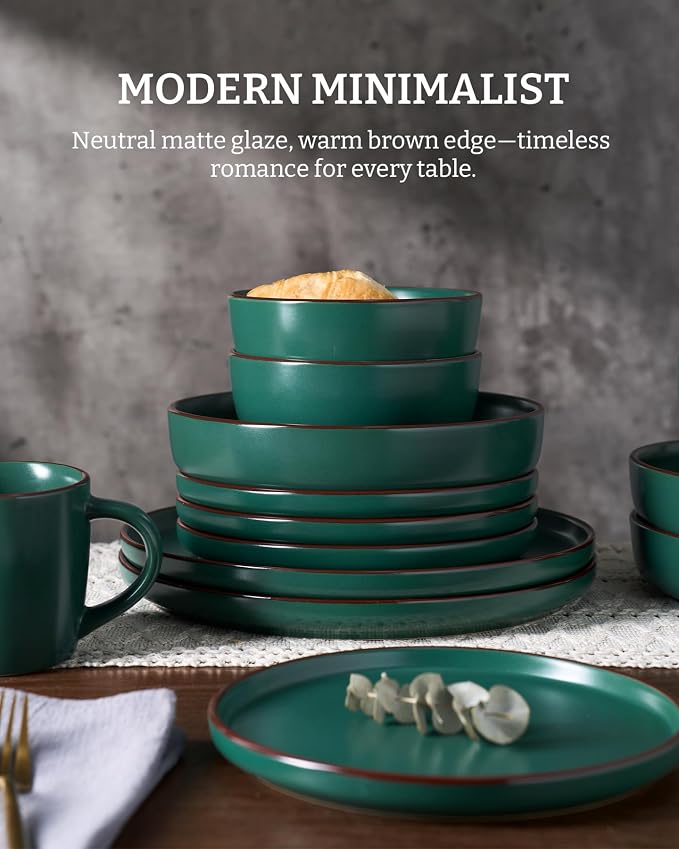 Famiware Mercury 24-Piece Stoneware Dinnerware Set, Dark Green | Plates and - Image 5