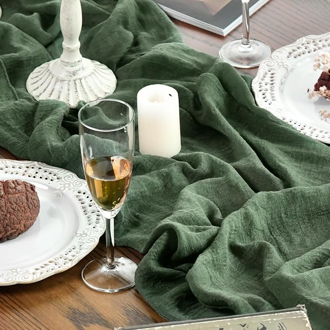 Artoid Mode Boho Cheesecloth Gauze Forest Green Wedding Table Runner, 160 Inch - Image 6