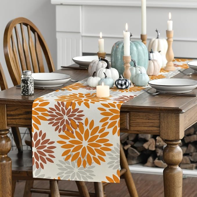Artoid Mode Orange Dahlia Floral Pinnata Fall Table Runner, Seasonal Autumn - Image 3