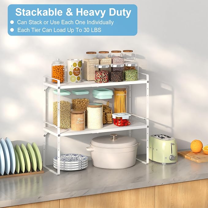 Set of 2 Expandable Cabinet Shelf Organizer, Stackable Kitchen Countertop - Image 5