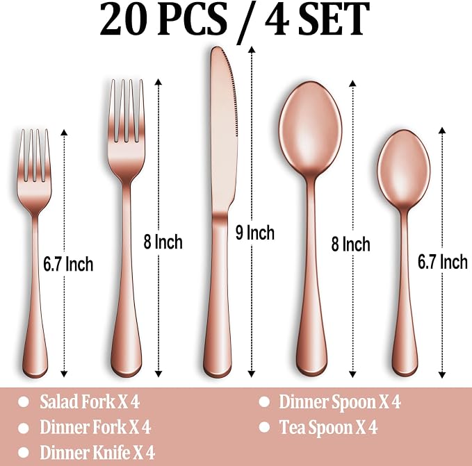 20 Pcs Rose Gold Silverware Set Service - Image 2
