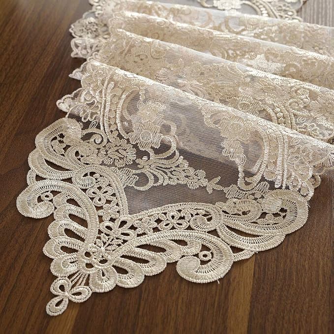 ARTABLE Champagne Lace Table Runner Macrame Dresser Scarf 10 x 47 Inch | by ARTABLE