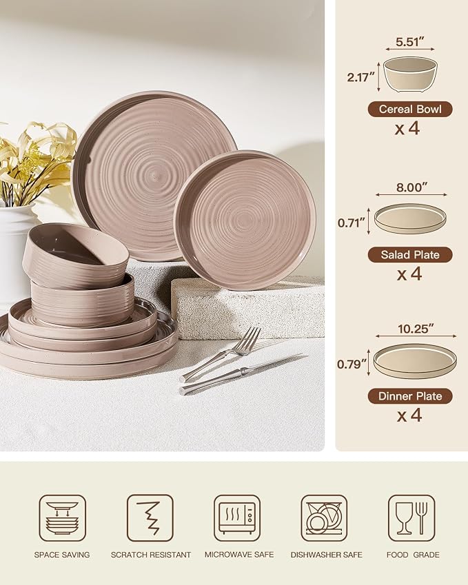 Stoneware Dinnerware Sets for 4, Plates and Bowls, Chip & Scratch Resistant - Image 7