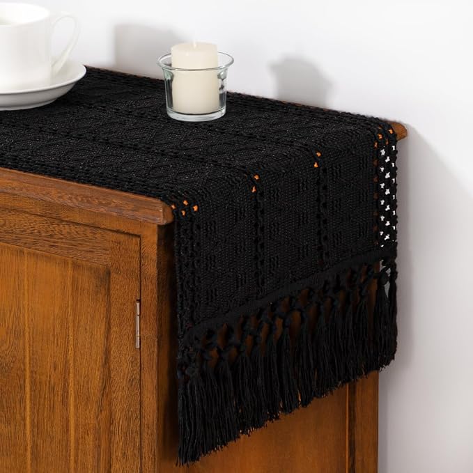 DeZerlor Black Boho Macrame Farmhouse Woven Table Runner 90Inch | Cotton Linen - Image 4