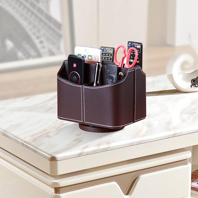 PU Leather Remote Control Holder, 360 Degree Spinning Desk TV Remote Caddy - Image 5