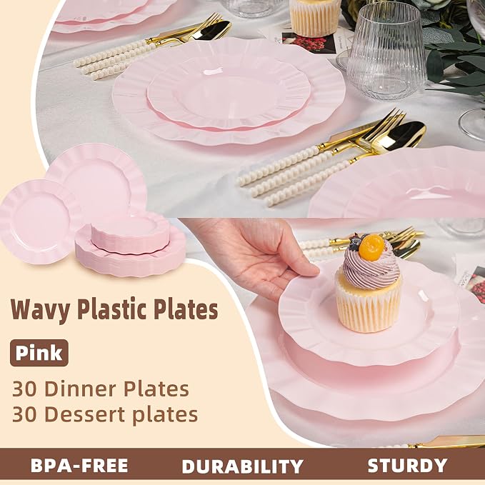 60 Pcs Pink Plates, Wave Edge Design Disposable Plastic Plates | Disposable - Image 6