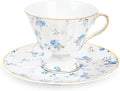 fanquare White Tea Cup and Saucer, Vintage Blue Floral Print Tea Cups by fanquare