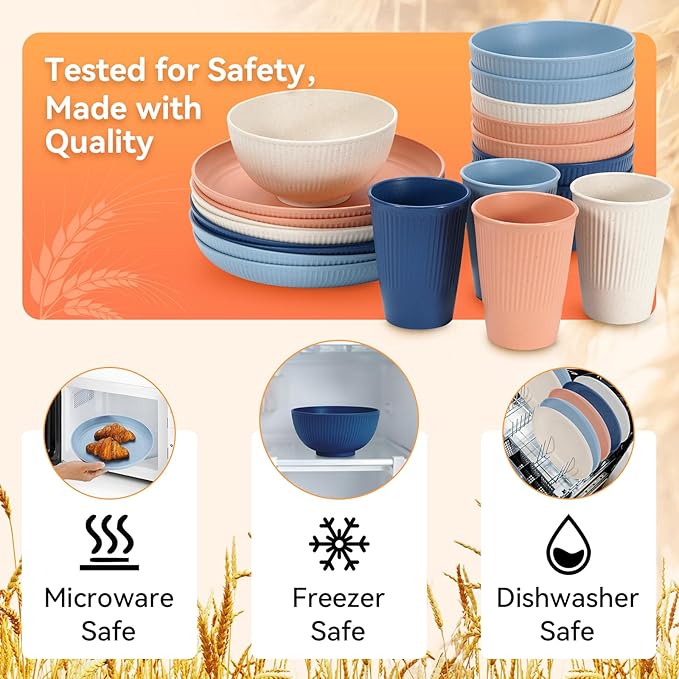 Wheat Straw Dinnerware Sets, 64-Piece Plates and Bowls Sets - Image 4