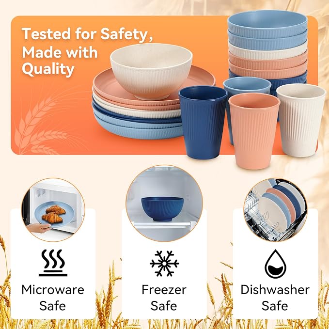 Wheat Straw Dinnerware Sets, 64-Piece Plates and Bowls Sets - Image 3