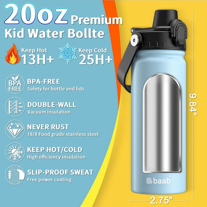 baab 20oz Kids Insulated Water Bottle 18/8 Stainless Steel Kids Cup 2 Pack | - Image 2