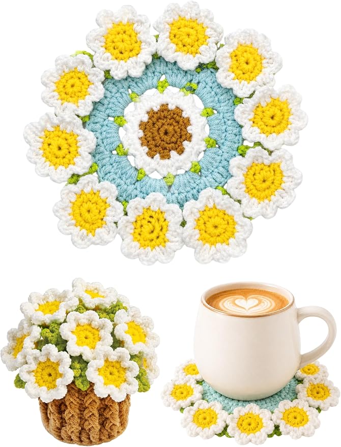 Crochet Flower Bouquet Coasters, Cotton Daisy Gift by KQJS