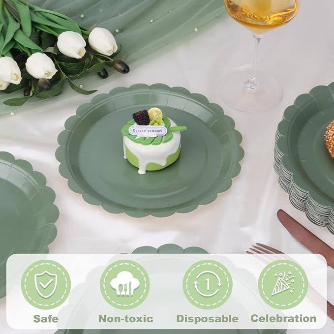 52 Pcs Sage Green Paper Plates 7 Inch Scalloped Dessert Plates - Image 5