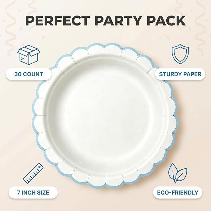 30 Pack Blue and White Paper Plates 7 Inch, Disposable Scalloped Plates Dinner - Image 2
