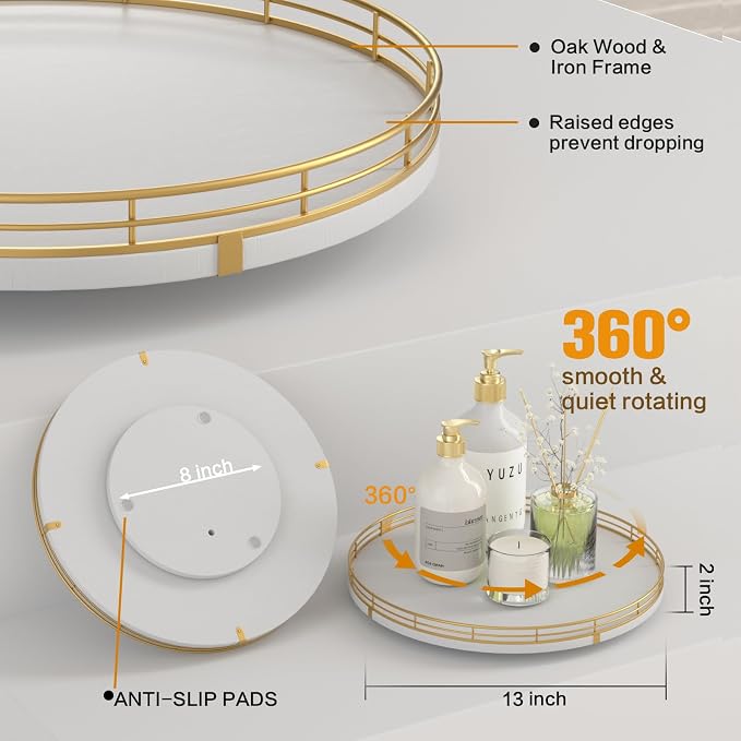Oroyutor 13-Inch White and Gold Wooden Lazy Susan Spice Organizer | Rotating - Image 5
