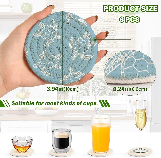 Turtle Blue Print Coasters for Drinks Set of 6 Absorbent Woven Drink Coaster - Image 3
