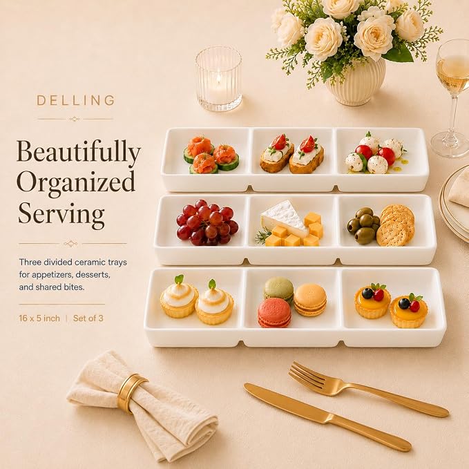 DELLING 16x5 Inch Ceramic 3-Section Serving Tray Set of 3, Stackable Divided - Image 4