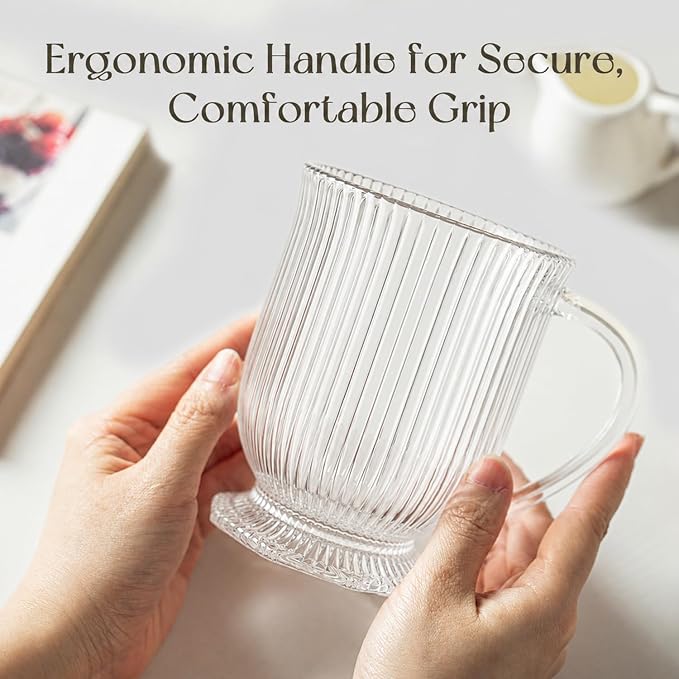KEMORELA 16oz Ribbed Glass Coffee Mugs Set, Large Glass Mugs - Image 7