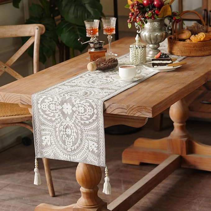 Table Runner Embroidered Boho Lace Dresser Scarf, 4 Tassel Pendants, - Image 3