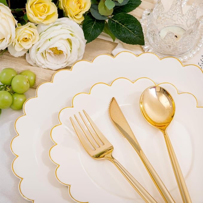 LIYH 210Pcs Ivory Scalloped Plastic Plates, Elegant Platos Desechables Elegantes - Image 7