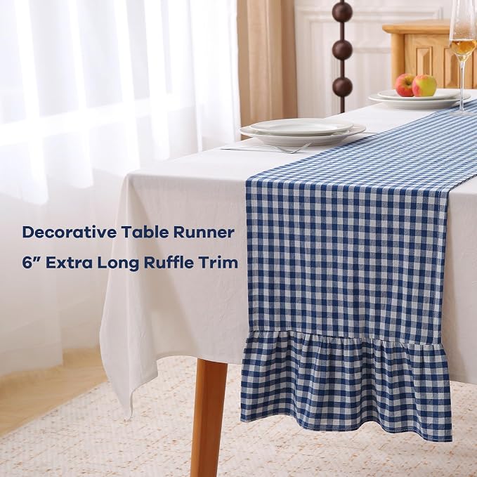 Navy Blue White Plaid Gingham Ruffle Table Runner 90 inches Long 100% Washed - Image 3