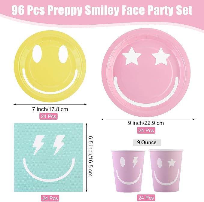 Kochorie 96 Piece Preppy Smiley Face Party Paper Plates Preppy Smile Face Party - Image 2