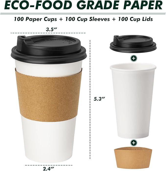 16 oz Coffee Cups with Lids and Sleeves 100 Pack, Thickened Paper Cups - Image 2