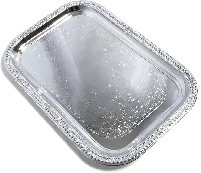 Elegant Floral Engraved Serving Tray Chrome Plated Steel Plate Platter - Image 6