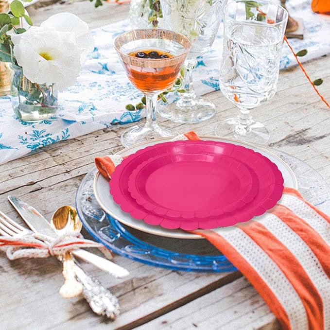 50 Pcs Hot Pink Scalloped Paper Plates 25 × 7'' and 25 × 9'' Disposable Hot - Image 7