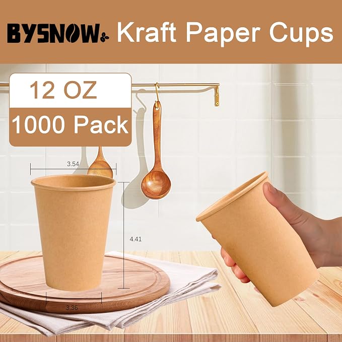 BYSNOW 1000 Pack 12 oz Kraft Paper Cups, Disposable Coffee Hot Water Cups | - Image 2