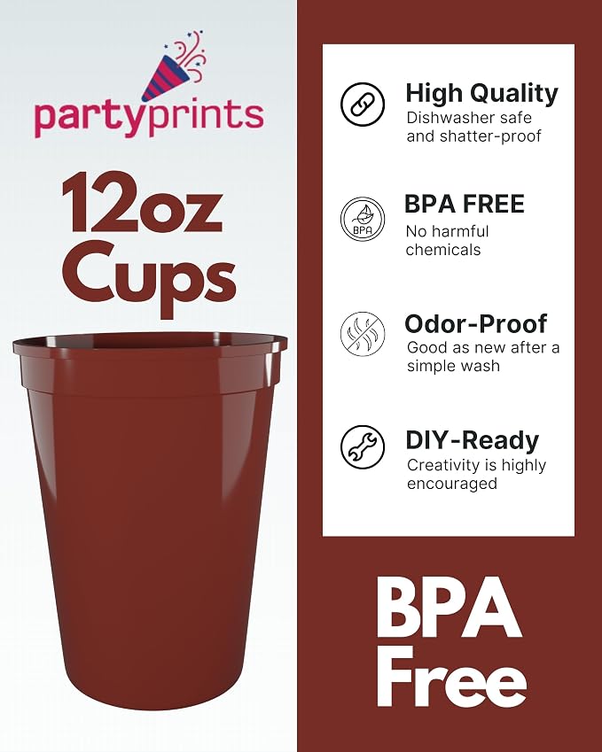 PartyPrints 100 Pack Small 10 to 12 oz Maroon Reusable Blank Plastic Cups - Image 3
