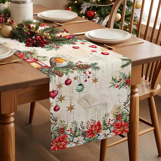 Christmas Poinsettia Table Runner 72 Inches Long, Winter Xmas Balls Birds Table - Image 3