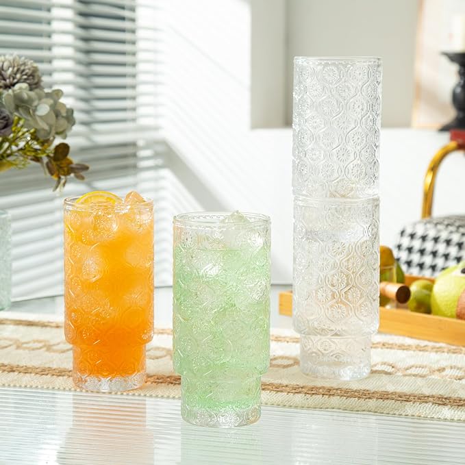 Drinking Glasses Set of 4, 16oz Textured Flower Design Cocktail Glasses - Image 3