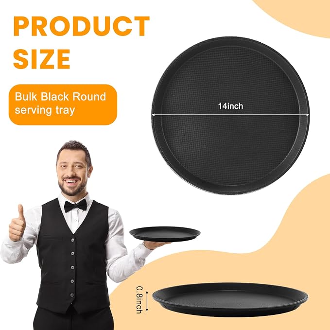 12 Pcs Black Restaurant Serving Trays Bulk Plastic Non Slip Surface Round Drink - Image 2