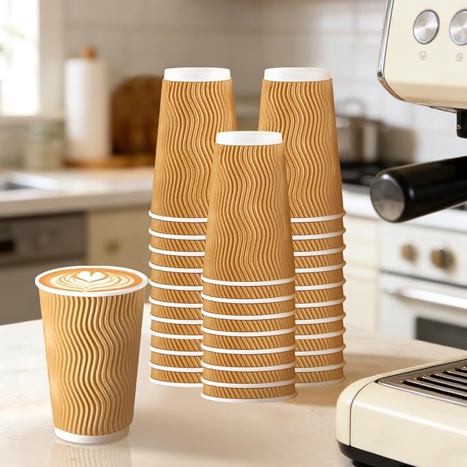 Clawsoff 500 Pack 16oz Insulated Disposable Paper Coffee Cups Champagne | Thick - Image 4