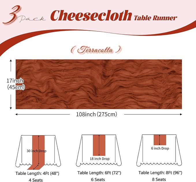 3 Pack Terracotta Cheesecloth Table Runner, 17 x 108 inch, Semi Sheer Boho - Image 3