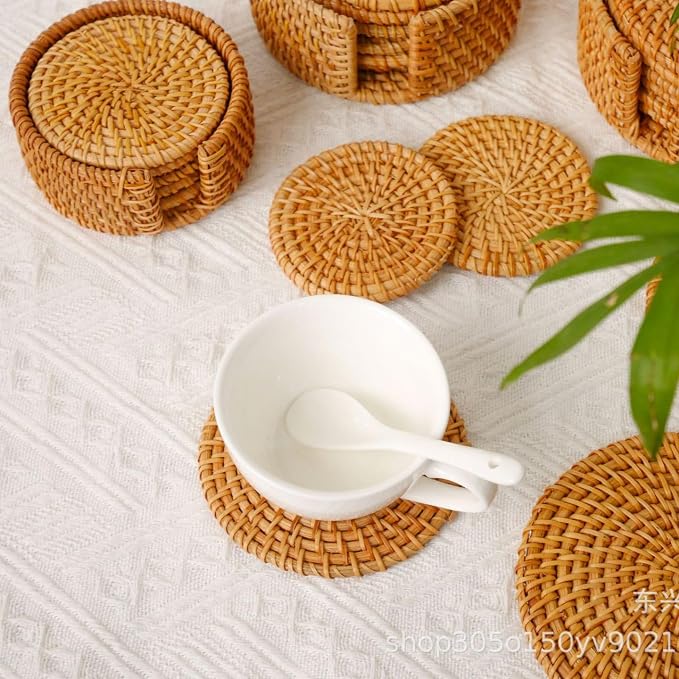 Rattan Coaster Set with Holder, Tabletop Protection, Bohemian Style Home Decor by Unknown