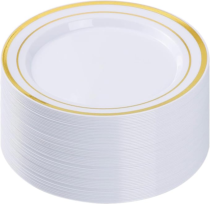 BESTVIP 50Pcs Gold Plastic Plates, 10.25 Inch Disposable Party Plates | Heavy by Bestvip