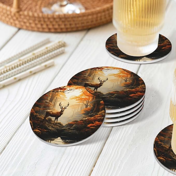 Forest Deer Animal Coasters for Drinks Absorbent Round Ceramic Coasters Set of - Image 7