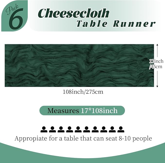 6 Pack Emerald Green Cheesecloth Table Runner, 17 x 108 Inch, Gauze Cheese - Image 2