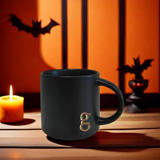 COLLECTIVE HOME Black Ceramic Coffee Mug, 15 oz Golden Monogram Tea Cup | - Image 8