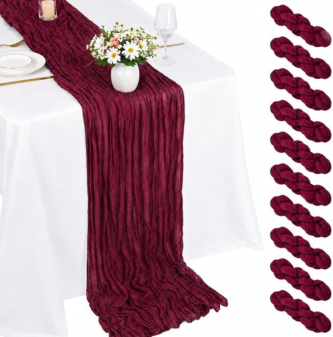 10 Pack Burgundy Cheesecloth Table Runner 22 x 120 Inch Gauze Table Runner | by Fwxdbwyl