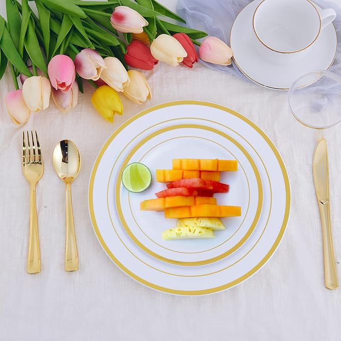 25 Guests Plastic Plates Set Gold Disposable Dinnerware Set | Include 25 Pc 10" - Image 3